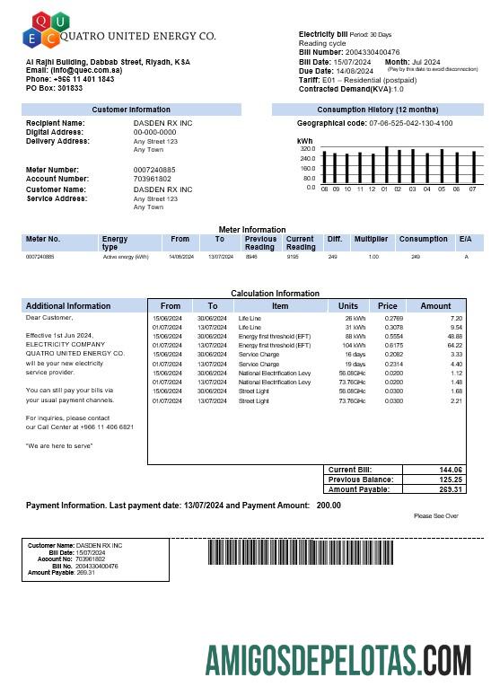 para download Arábia Saudita Quatro United Energy Co. Conta de serviços públicos, modelo Word e PDF